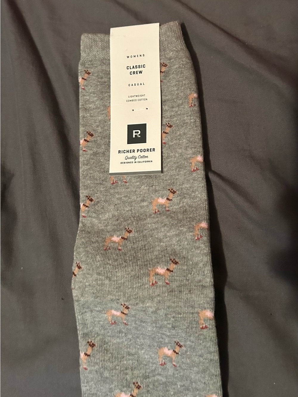 Richer Poorer Men's Gray Crew Socks with Pink Dog Motif